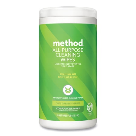 Method All Purpose Cleaning Wipes, 1 Ply, Lime and Sea Salt, White, 70 Wipes, 6PK 338525